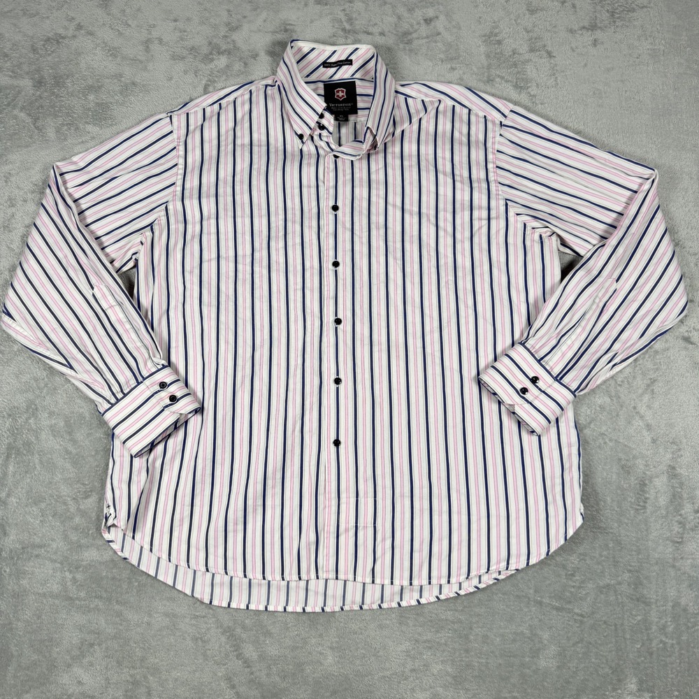 Victorinox Swiss Army Mens XL Button Down Shirt Striped Pink Blue Fine Cotton